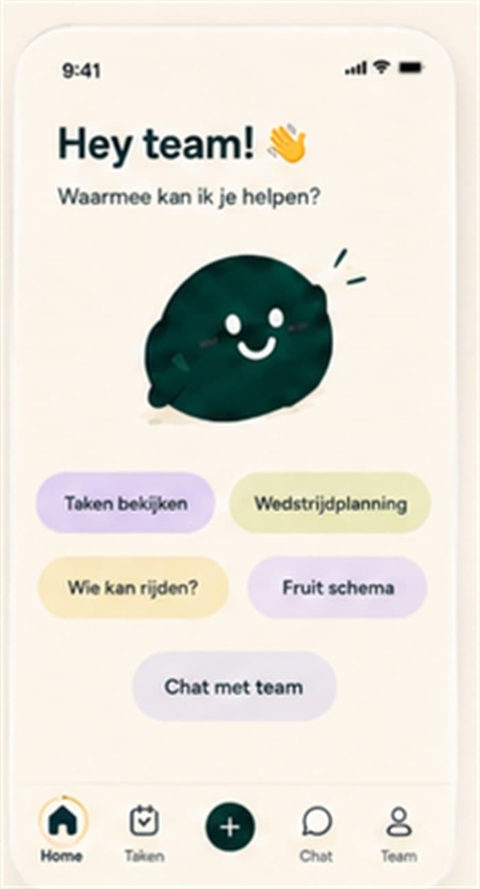 Beurtify welkomstscherm met snelkoppelingen naar taken bekijken en wedstrijdplanning