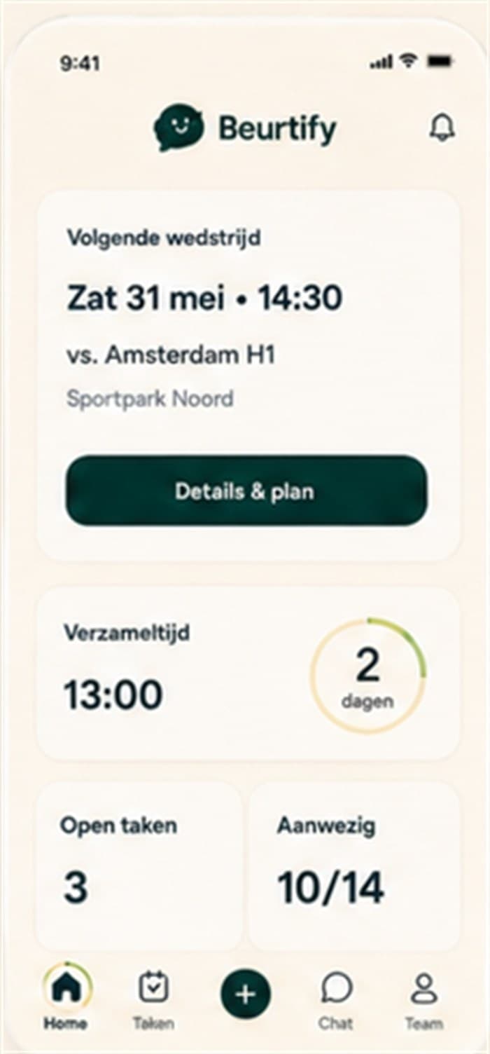 Home dashboard met de volgende wedstrijd, verzameltijd en open taken