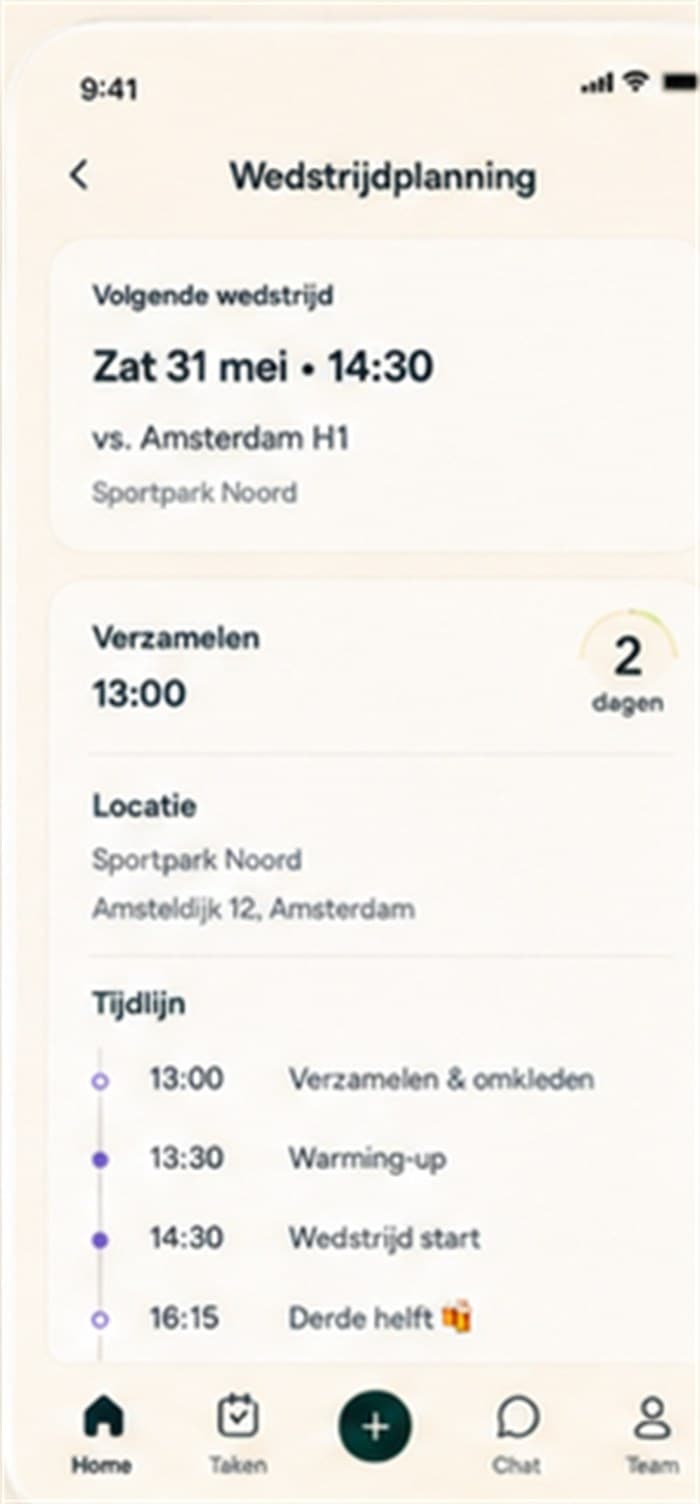 Wedstrijdplanning met verzameltijd, locatie en tijdlijn van de wedstrijddag