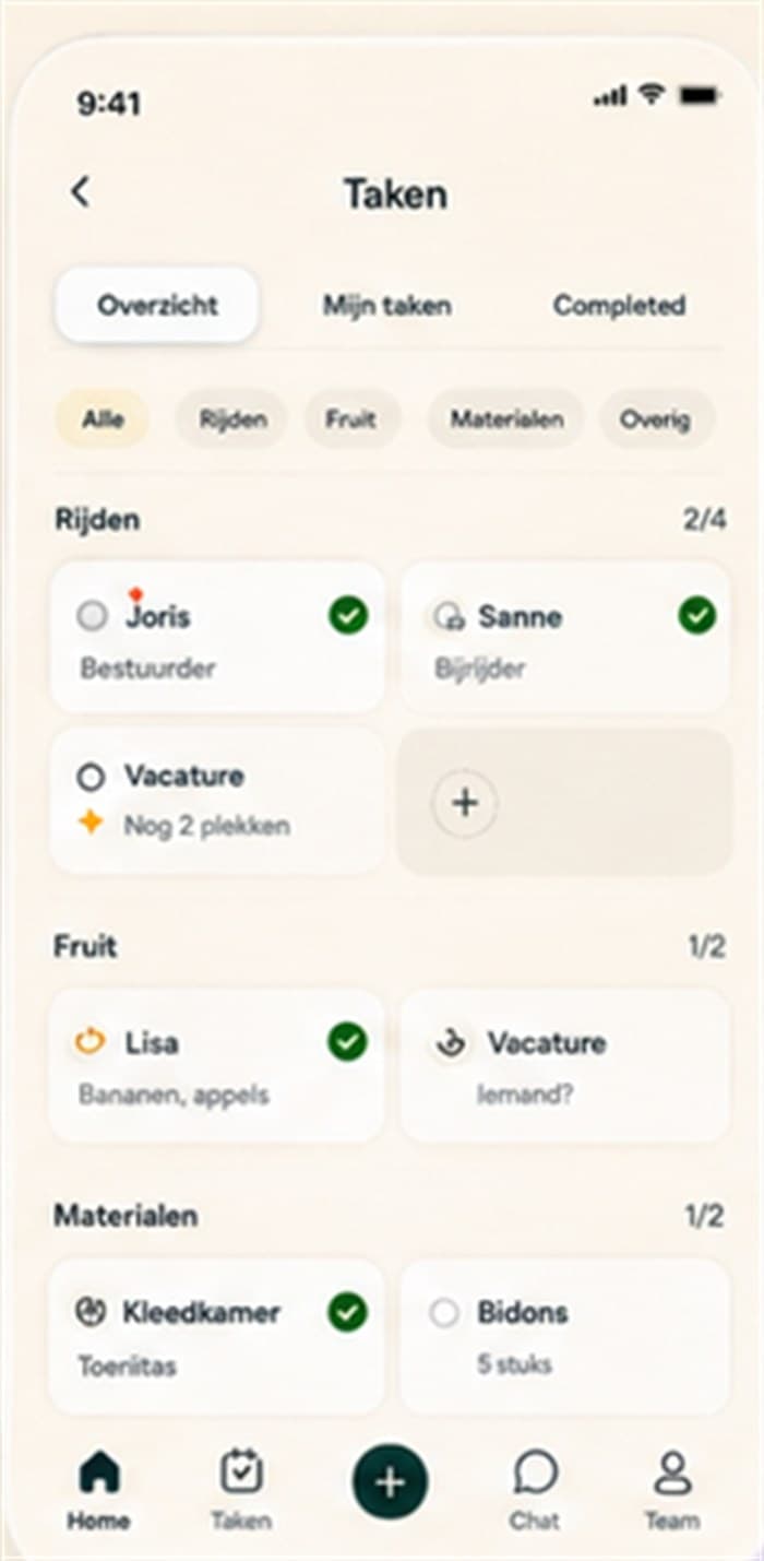 Takenbord met taken per categorie zoals rijden, fruit en materialen