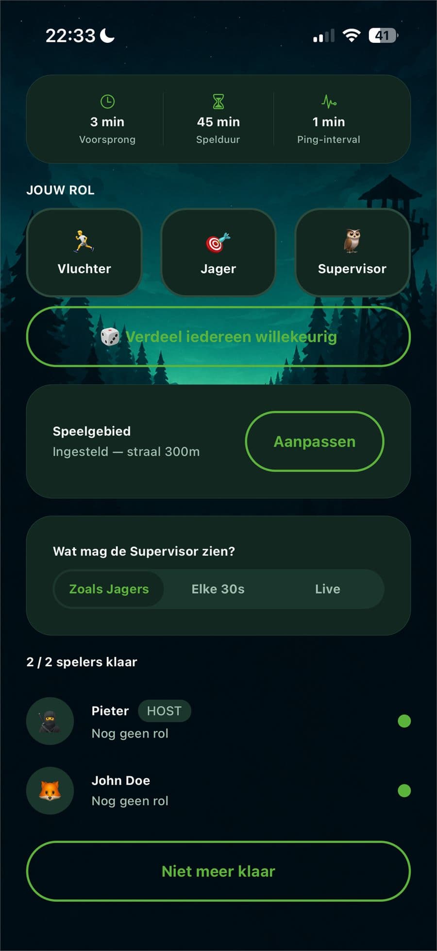 Rollen kiezen (Vluchter, Jager, Supervisor) en speelgebied instellen